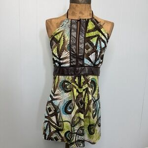 2000s Dots Flamingo Green & Brown Halter Top Y2K Boho Spring Fairy Size XL
